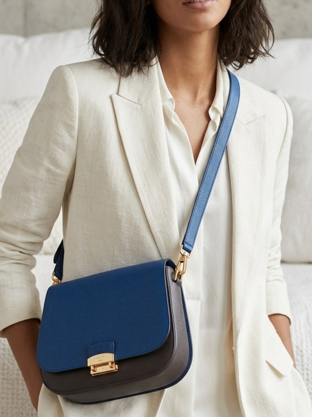 NEW Sisley Leather Two-Tone Crossbody Bag in Blue Dark Gray Shoulder Handbag